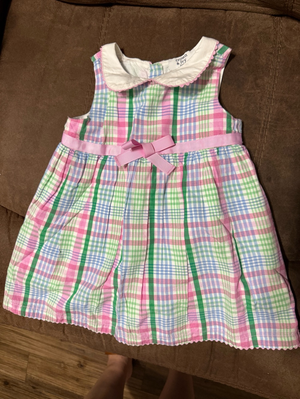 crown & ivy Pink, Green, Blue Plaid Sleeveless Dress with White Peter Pan Collar